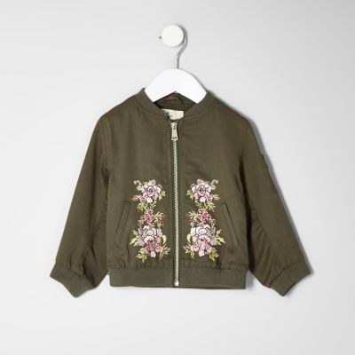 Mini girls khaki embroidered bomber jacket